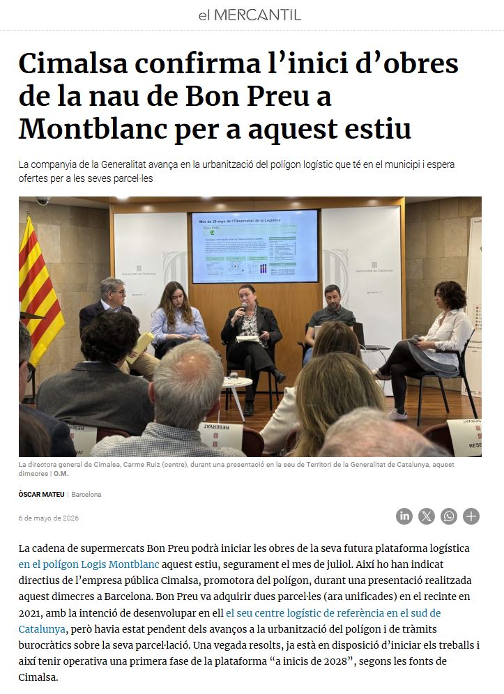 Cimalsa confirma l’inici d’obres de la nau de Bon Preu a Montblanc per a aquest estiu